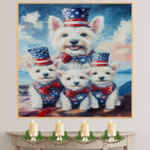 Westie Dog Family in Patriotic Outfits with American Flag Hats and Bows by the Water for Fourth of July Celebration on Ready to Hang 1.5" Thick Canvas Wrap, Floating Framed Canvas, Flat Rolled Canvas